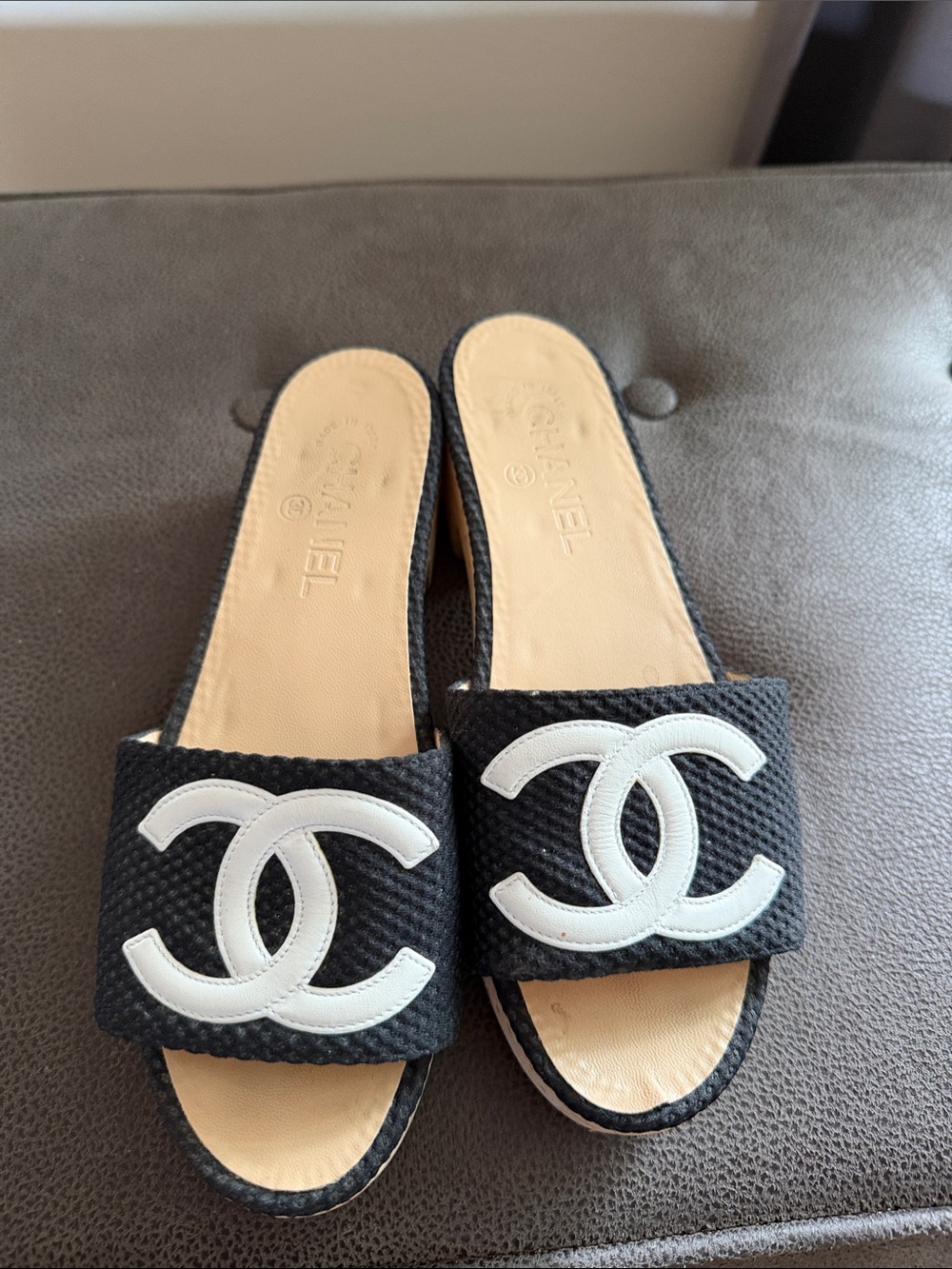 CHANEL Black Slide Mules with White CC Logos